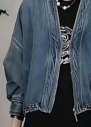Women Blue V Neck Zip Up Patchwork Denim Jacket Fall