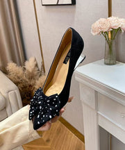 Women Bow Splicing Wedge Shoes Black Suede Pointed Toe