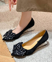 Women Bow Splicing Wedge Shoes Black Suede Pointed Toe