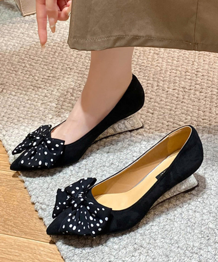 Women Bow Splicing Wedge Shoes Black Suede Pointed Toe
