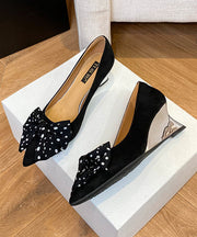 Women Bow Splicing Wedge Shoes Black Suede Pointed Toe