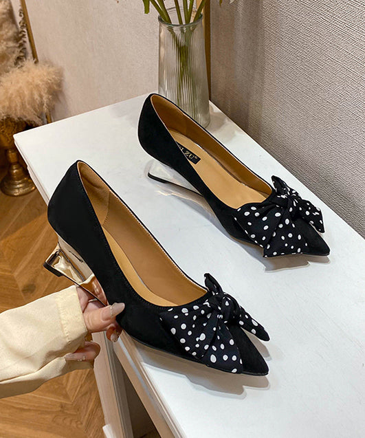 Women Bow Splicing Wedge Shoes Black Suede Pointed Toe