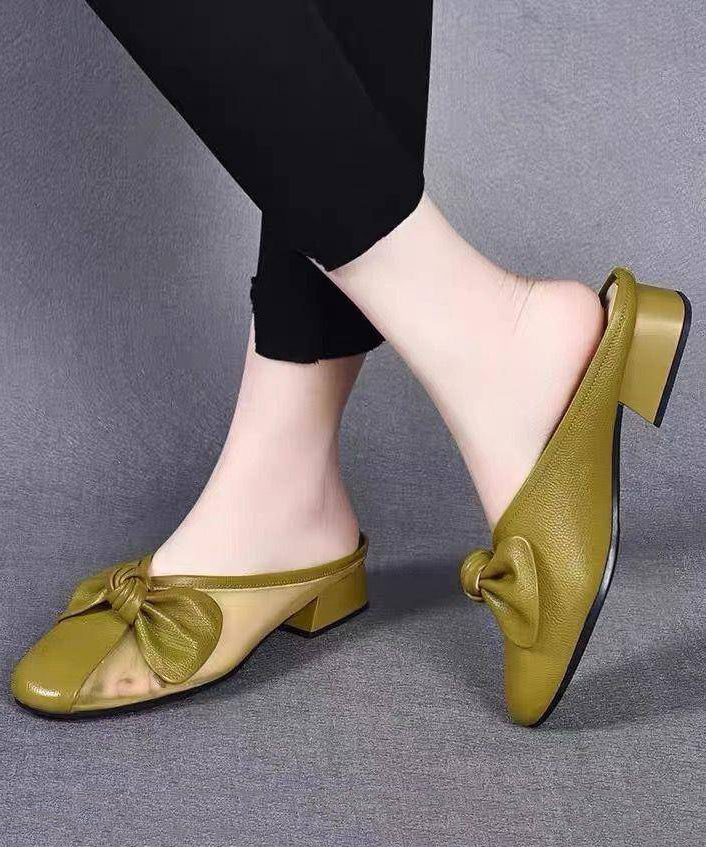 Women Bow Tulle Splicing Chunky Yellow Cowhide Leather Slide Sandals