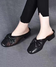 Women Bow Tulle Splicing Chunky Yellow Cowhide Leather Slide Sandals