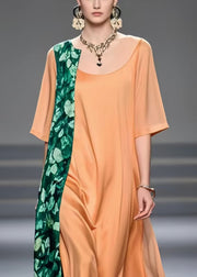 Women Brick Red Asymmetrical Patchwork Chiffon Dress Summer