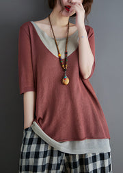 Women Brick Red Patchwork Knit Tanks Summer