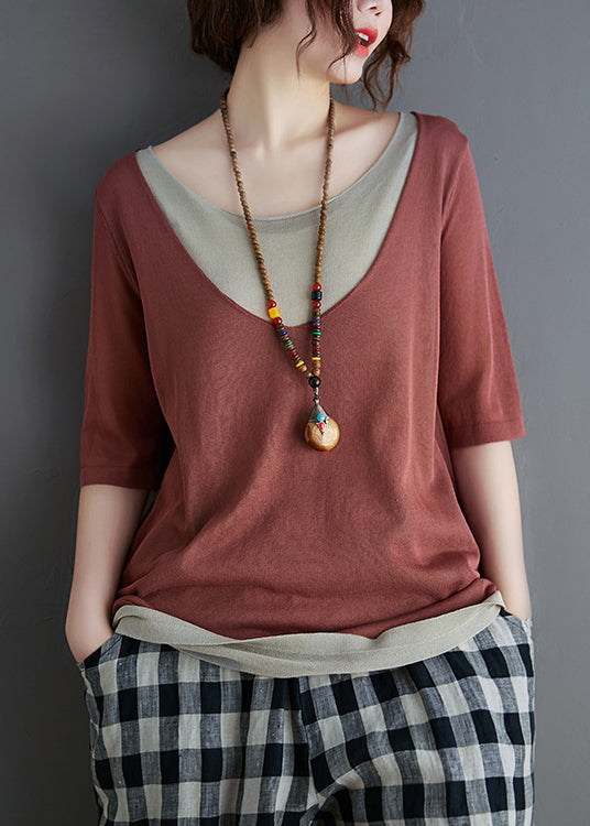 Women Brick Red Patchwork Knit Tanks Summer