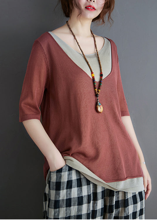 Women Brick Red Patchwork Knit Tanks Summer