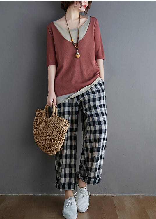 Women Brick Red Patchwork Knit Tanks Summer