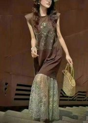 Women Brown Backless Patchwork Lace Straight  Dresses Sleeveless