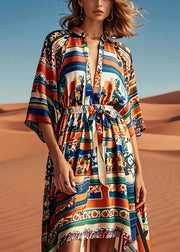 Women Brown Cinched Print Silk Beach Dress Summer