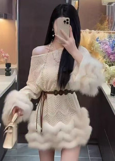 Women Brown Cold Shoulder Patchwork Faux Fur Sweater Dress Spring