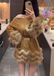 Women Brown Cold Shoulder Patchwork Faux Fur Sweater Dress Spring