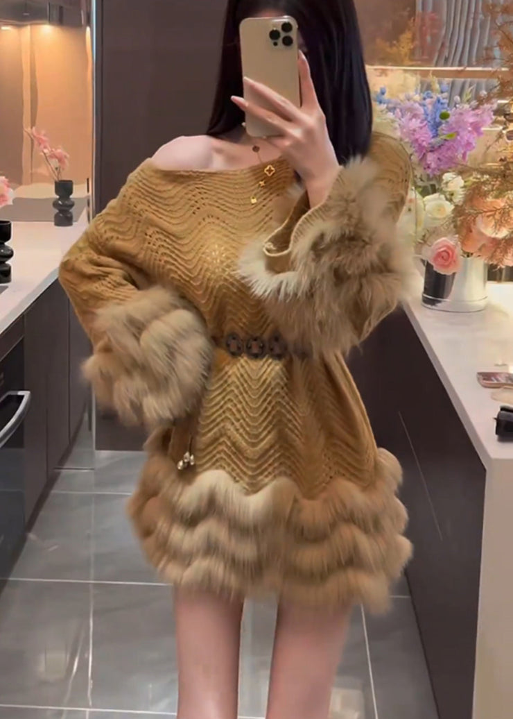 Women Brown Cold Shoulder Patchwork Faux Fur Sweater Dress Spring