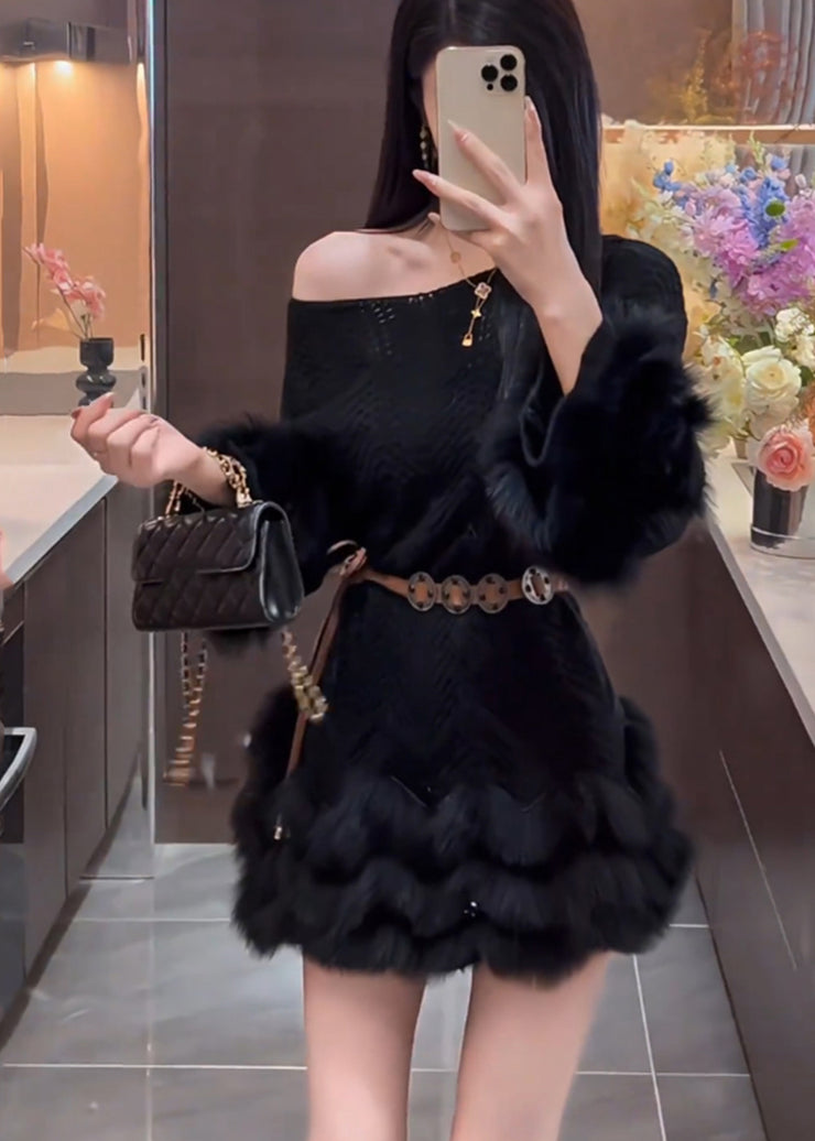 Women Brown Cold Shoulder Patchwork Faux Fur Sweater Dress Spring