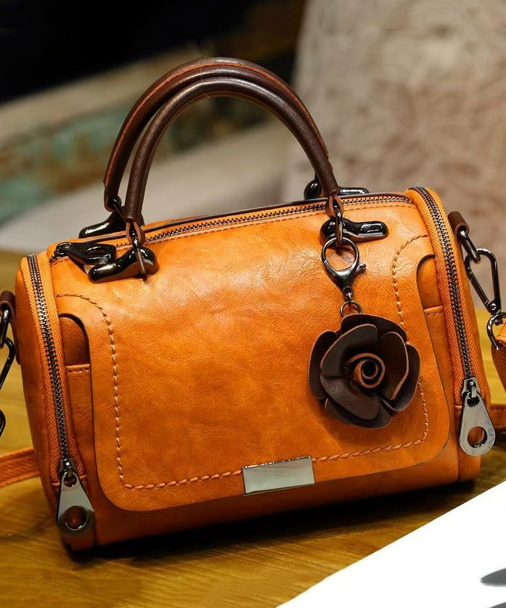 Women Brown Floral Calf Leather Durable Tote Handbag