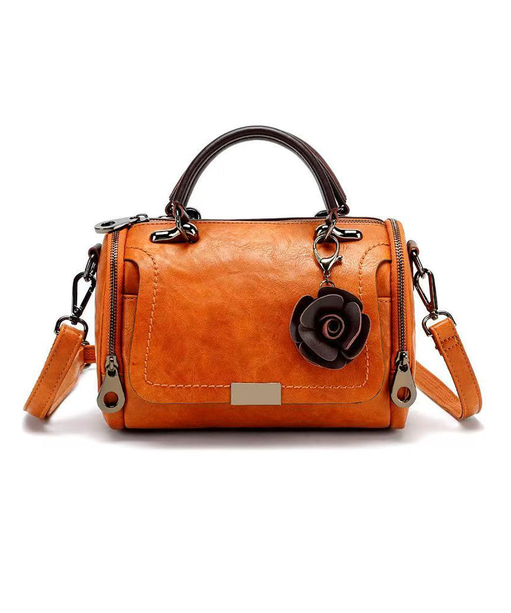 Women Brown Floral Calf Leather Durable Tote Handbag