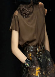 Women Brown Floral Solid Silk Shirts Summer