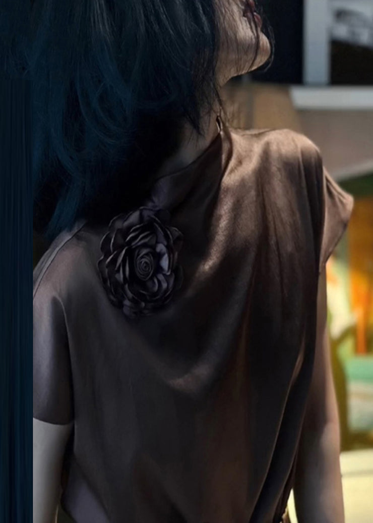 Women Brown Floral Solid Silk Shirts Summer