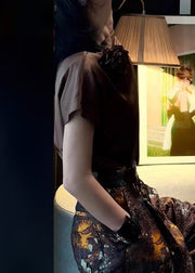Women Brown Floral Solid Silk Shirts Summer