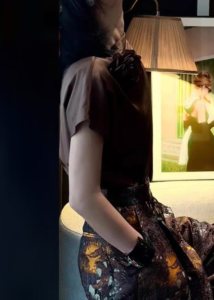 Women Brown Floral Solid Silk Shirts Summer