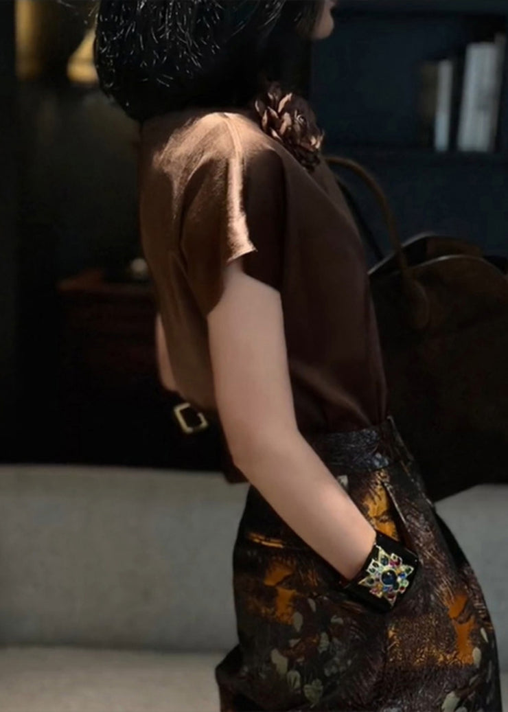 Women Brown Floral Solid Silk Shirts Summer