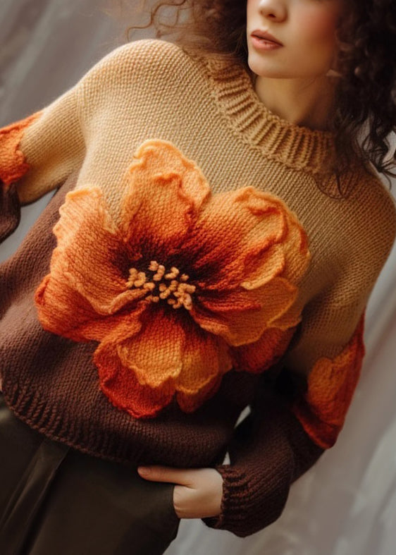 Women Autumn Artsy Floral Knitted O Neck Sweater main image 0