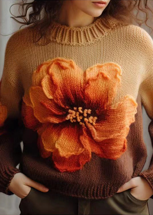 Original Blue O Neck Floral Cozy Knit Sweater Winter