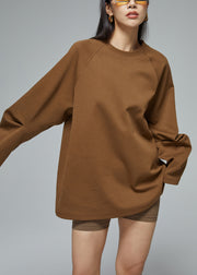 Women Brown O Neck Solid Cotton Sweatshirt Fall