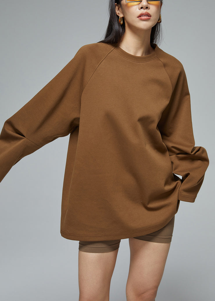 Women Brown O Neck Solid Cotton Sweatshirt Fall