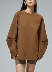 Women Brown O Neck Solid Cotton Sweatshirt Fall