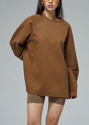 Women Brown O Neck Solid Cotton Sweatshirt Fall
