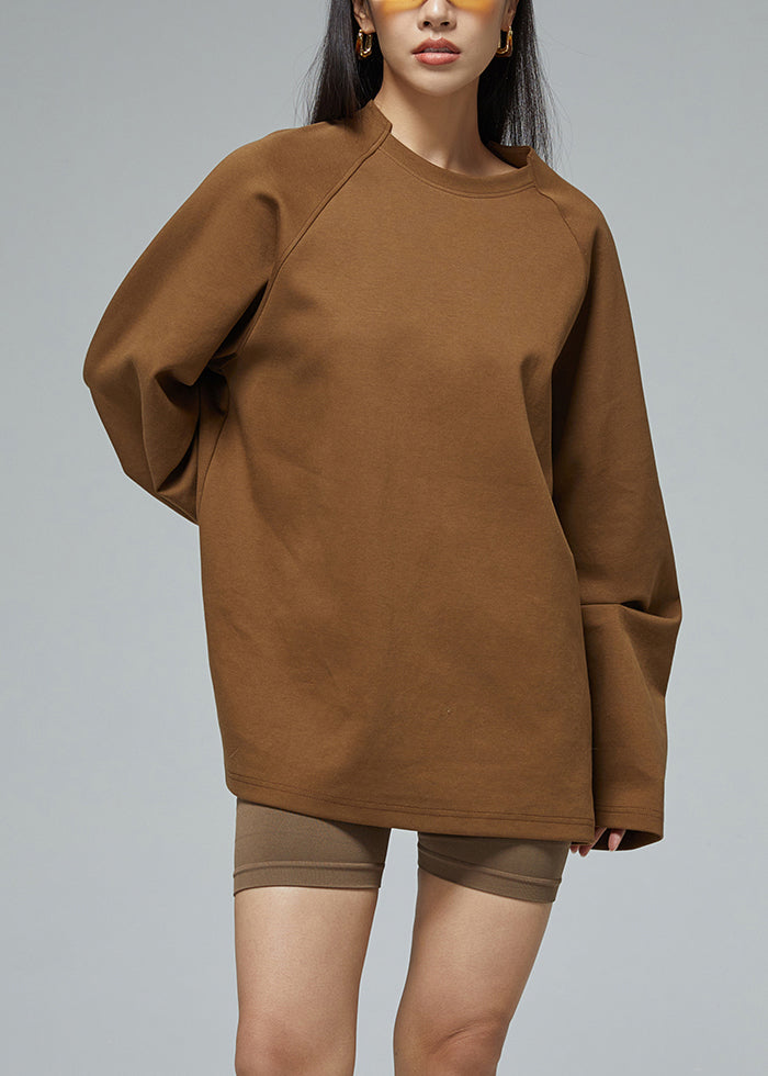 Women Brown O Neck Solid Cotton Sweatshirt Fall