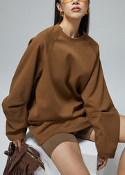 Women Brown O Neck Solid Cotton Sweatshirt Fall