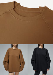 Women Brown O Neck Solid Cotton Sweatshirt Fall