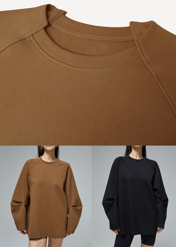 Women Brown O Neck Solid Cotton Sweatshirt Fall