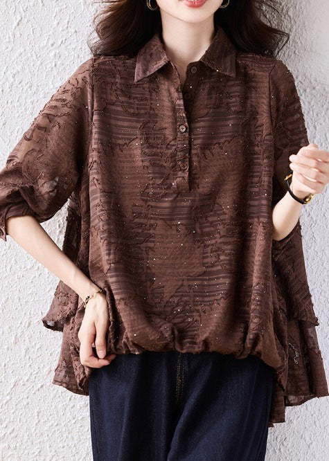 Women Brown Oversized Jacquard Chiffon Blouse Top Fall