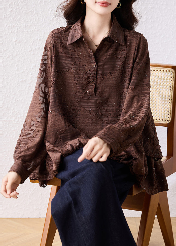 Women Brown Oversized Jacquard Chiffon Blouse Top Fall