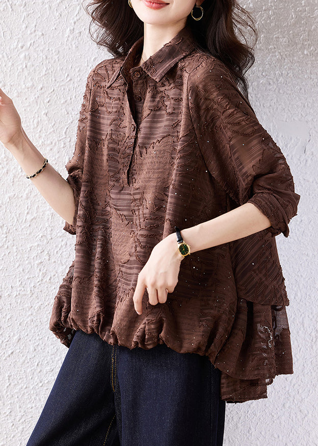 Women Brown Oversized Jacquard Chiffon Blouse Top Fall