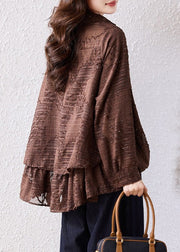 Women Brown Oversized Jacquard Chiffon Blouse Top Fall
