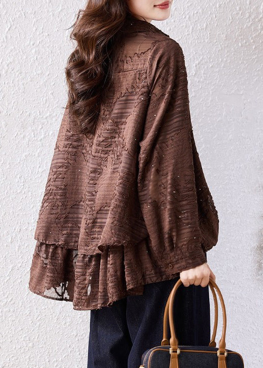 Women Brown Oversized Jacquard Chiffon Blouse Top Fall