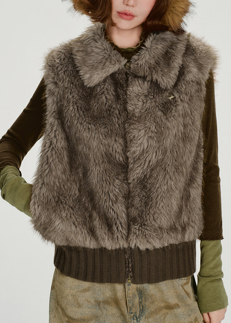 Women Brown Oversized Patchwork Faux Fur Vests Winter