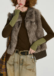 Women Brown Oversized Patchwork Faux Fur Vests Winter