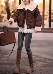 Women Brown Peter Pan Collar Patchwork Fine Cotton Filled Jackets Winter