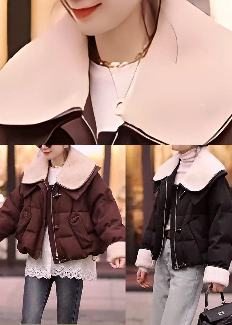 Women Brown Peter Pan Collar Patchwork Fine Cotton Filled Jackets Winter