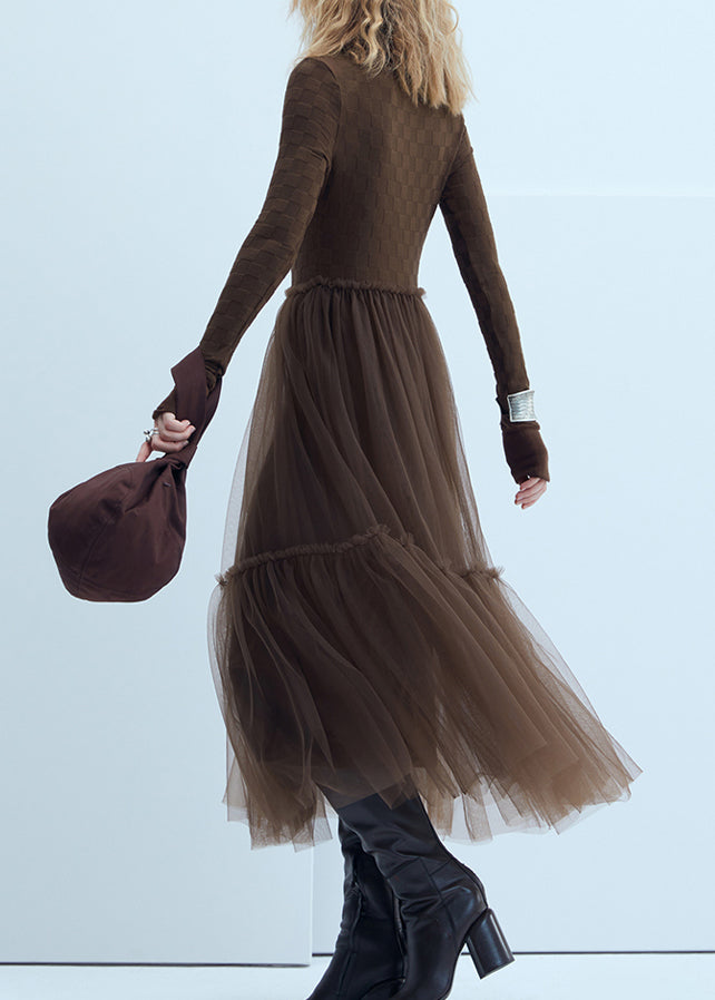 Women Brown Peter Pan Collar Tulle Patchwork Knit Dress Fall