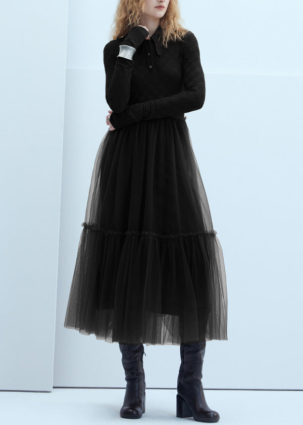 Women Brown Peter Pan Collar Tulle Patchwork Knit Dress Fall