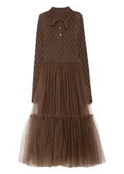Women Brown Peter Pan Collar Tulle Patchwork Knit Dress Fall
