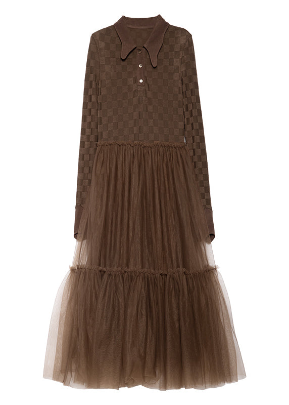Women Brown Peter Pan Collar Tulle Patchwork Knit Dress Fall