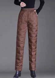 Women Brown Pockets Elastic Waist Duck Down Filled Pants Winter